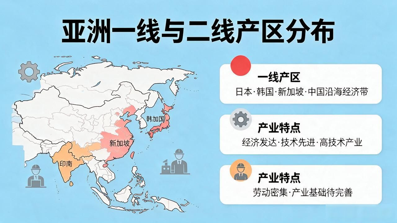 了一线产区和二线产区的分布区域，一线产区包括经济高度发达、技术先进的